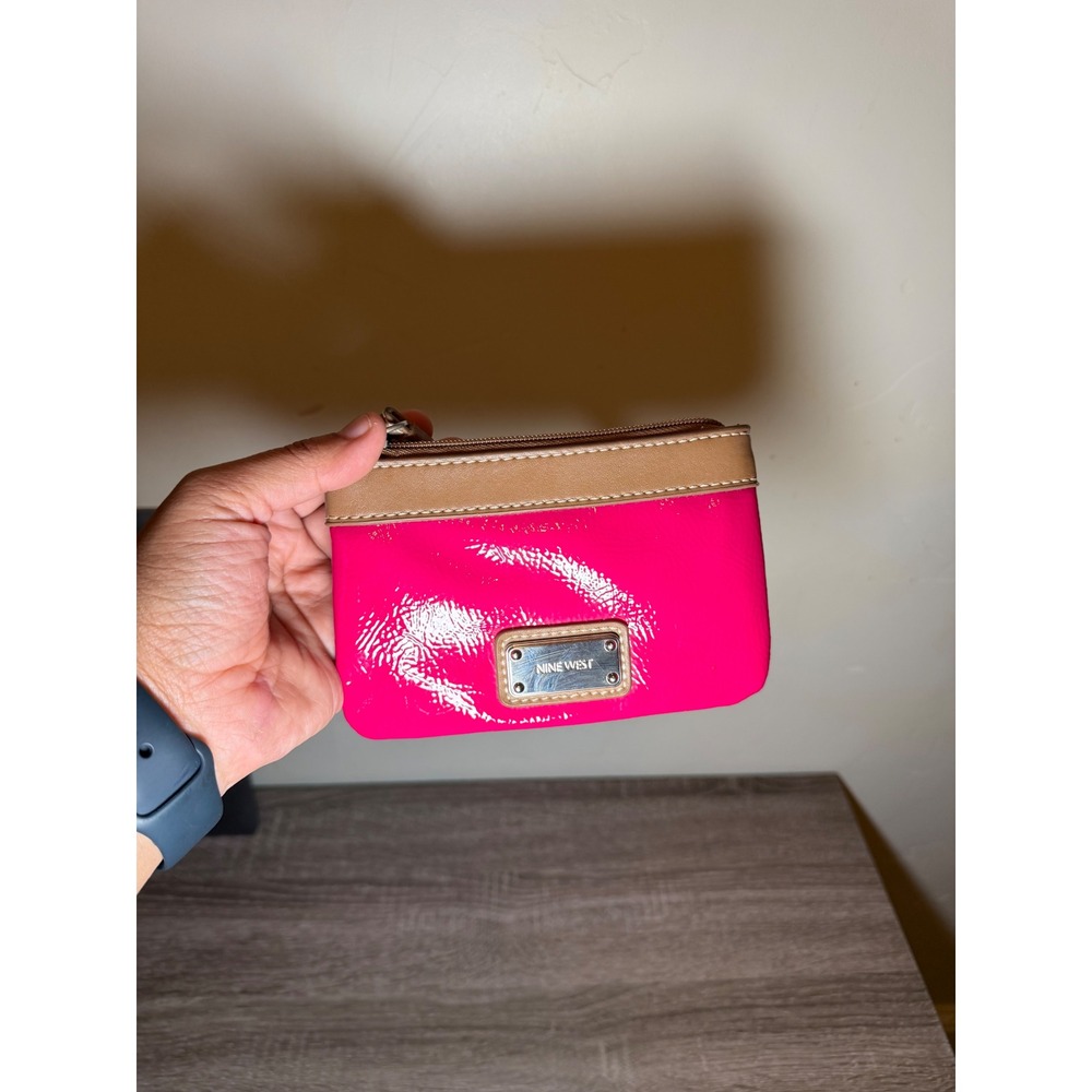 Nine West Wristlet Wallet Patent ID Window Hot Pink Tan